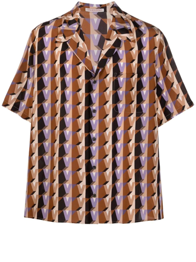 Valentino All-over Printed Short-sleeved Shirt In Brown