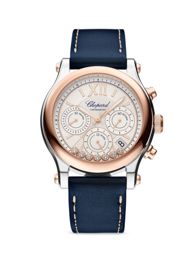 Chopard Women's Happy Sport Stainless Steel, 18k Rose Gold, Diamond, & Leather Chronograph Watch In Blue
