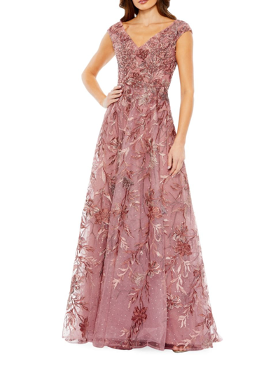 Mac Duggal Pink Embroidered Illusion Cap Sleeve A Line Gown In Multi