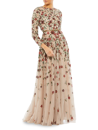 Mac Duggal Embellished High Neck Long Sleeve A Line Gown In Antique Rose