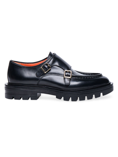 Santoni Feint Leather Lug-sole Monk Strap Loafers In Black