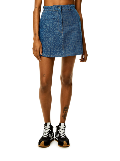 Loewe Anagram Denim Flared Miniskirt In Indigo Blue