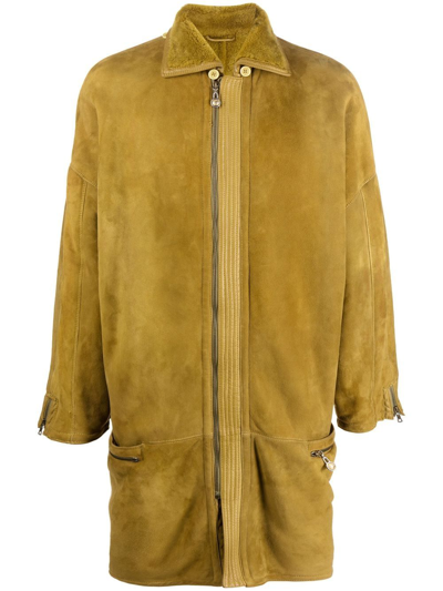 Pre-owned Versace 1980s Zip-up Shearling Coat In Yellow