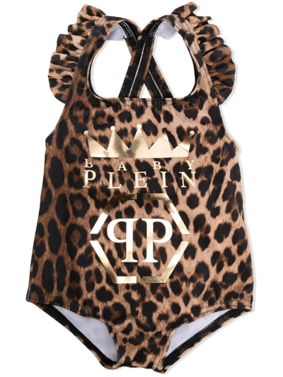 Philipp Plein Junior Babies' Leopard-print Logo Swimsuit In Brown