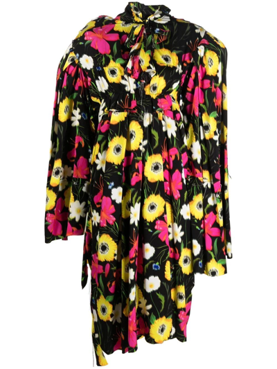 Balenciaga Swing Twisted Oversized Floral-print Crepe De Chine Blouse In Noir / Red