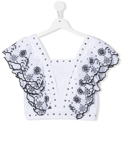 Monnalisa Teen Floral Ruffle Cropped Blouse In White