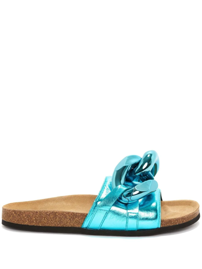 Jw Anderson Metallic Leather Chain Slide Sandals In Blue