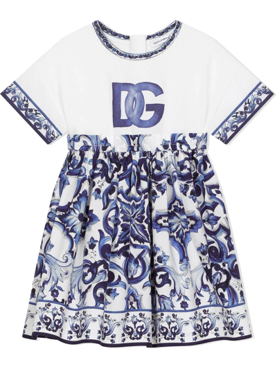 Dolce & Gabbana Kids' Majolica-print Cotton Dress In Blue