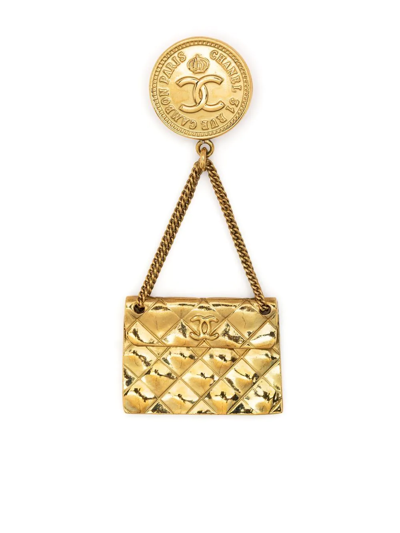 Pre-owned Chanel 1994 Quilted Bag-charm Brooch In Gold