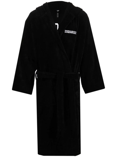 Dsquared2 Logo Embroidered Bath Dressing Gown In Black