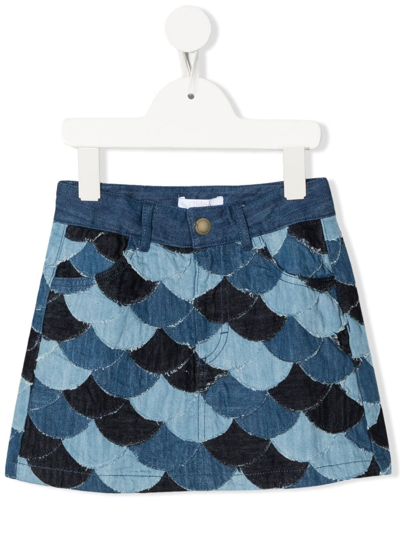 Chloé Kids' Girl's Denim Scallop Patchwork Skirt In Blue