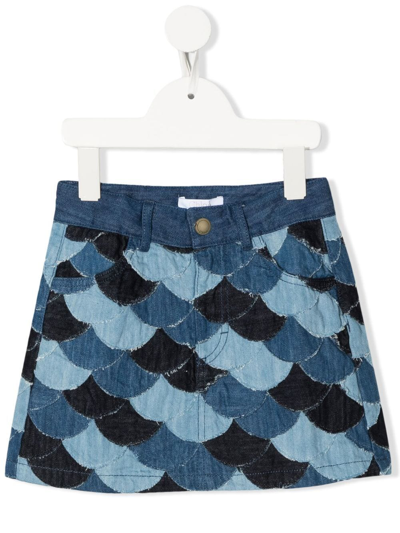 Chloé Kids' 拼接棉质牛仔短裙 In Denim Blue