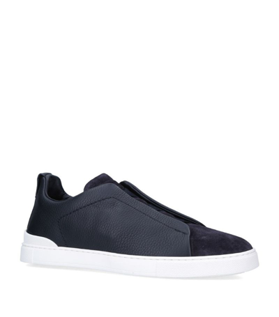 Zegna Leather Triple Stitch Sneakers In Navy