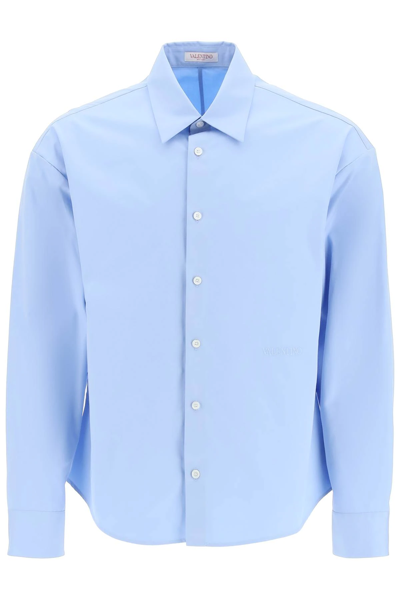 Valentino Logo Embroidered Cotton Shirt In Light Blue