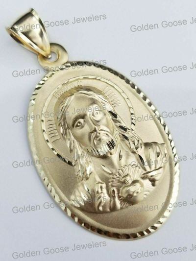 Pre-owned Jesus Sacred 10k Yellow Gold  Heart Large Pendant Religious 2.5' In Charm Light