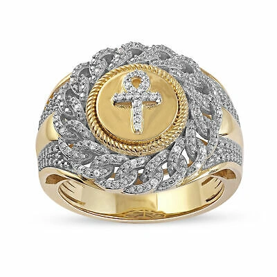 Pre-owned Amouria 10k Yellow Gold 0.10ct Tdw Diamond Ankh Cuban Link Men's Ring