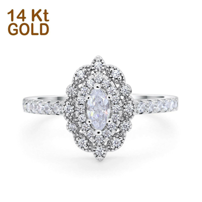 Pre-owned Blueappleco 14k White Gold Vintage Style Art Deco Marquise Wedding Ring Round Simulated Cz In Silver