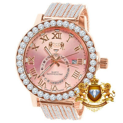 Pre-owned Ice House Real Diamond Pink Roman Dial Solitaire Rose Gold Custom Band Bezel Watch Xl 55mm