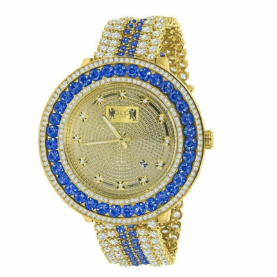 Pre-owned Ice House 18k Yellow Gold Tone Blue Sapphire Real Genuine Diamond Mens Custom Watch W/date