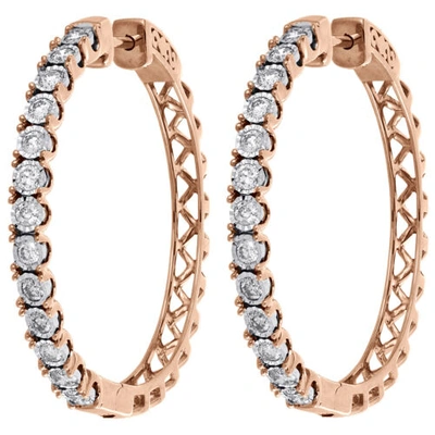 Pre-owned Jfl Diamonds & Timepieces 10k Rose Gold Real Diamond One Row Bezel Set 1.35" Hoops Huggie Earrings 1 Ct. In White