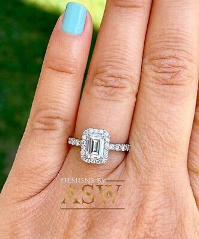Pre-owned Asw 14k Solid White Gold Emerald Cut Simulated Diamond Engagement Ring Prong 2.90ct