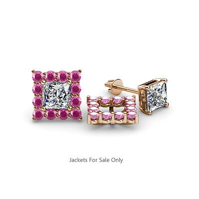 Pre-owned Trijewels Pink Sapphire Halo Jacket For Princess Cut Stud Earrings 0.76 Ct Tw In 14k Gold
