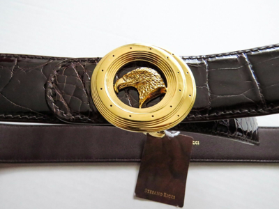 Pre-owned Stefano Ricci Brown Crocodile Leather With Eagle Gold Buckle Belt 34 Us 85 Cm