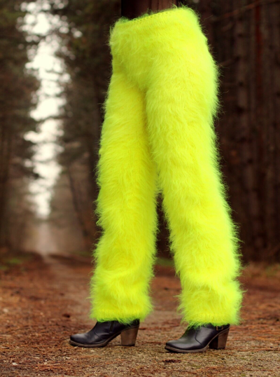 Pre-owned Supertanya Fuzzy Mohair Pants Fuzzy Thick Leggings Warm Handknit Fluffy Trousers  In Neon Yellow