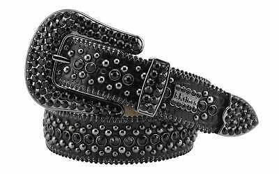 Pre-owned B.b.simon Bb Simon Kish Belt Jet Black Crystal Leather Rap Hip Hop 30 32 34 36 38 40