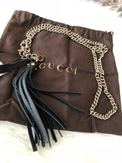 Pre-owned Gucci Auth.  Black Leather Tassel Chain Belt With Interlocking Gg Charm 95/38