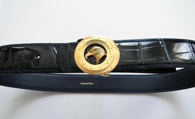 Pre-owned Stefano Ricci Blue Crocodile Leather With Eagle Gold Buckle Belt 40 Us 100 Cm