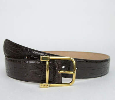 Pre-owned Gucci Women's Dk Brown Crocodile Belt W/gold Square Buckle 257319 E7i0t 2140