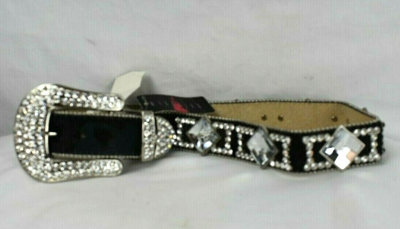 Pre-owned Wildfire Black  Leather And Crystal Belt Size 30-32