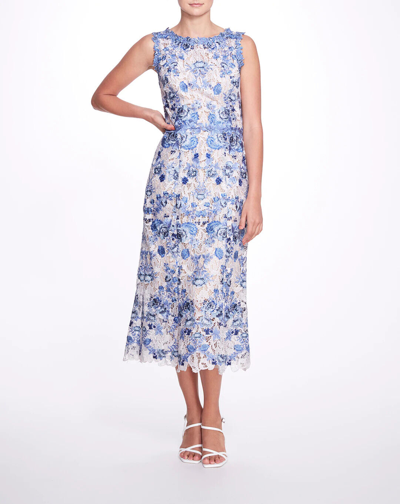Pre-owned Marchesa Notte Guipure $795  Tea Length Dress Ivory Blue Embroidered 2 4 6 10 In Ivory Blue White