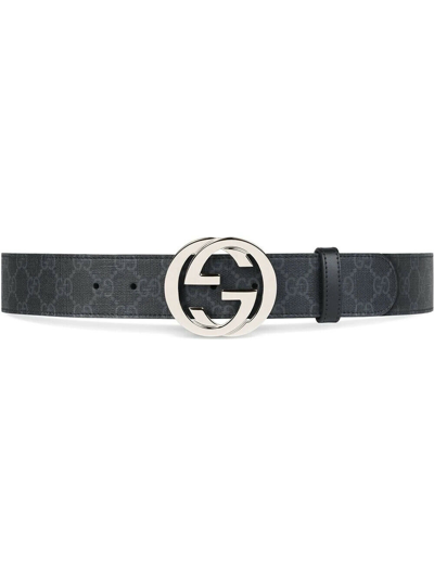 Pre-owned Gucci Women Men's Black Grey Gg Supreme Canvas Leather Belt 90 36 411924