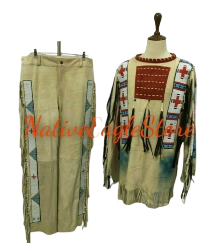 Pre-owned Handmade Old 1800 Style Beige Buckskin Suede Hide Bead Shirt & Bead Pant Leggings Nsp149