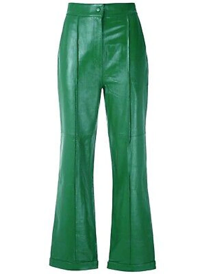 Pre-owned Asaavi Womens 100% Genuine Lambskin Green Leather Pants Carpenter Wide Leg Pants - 022