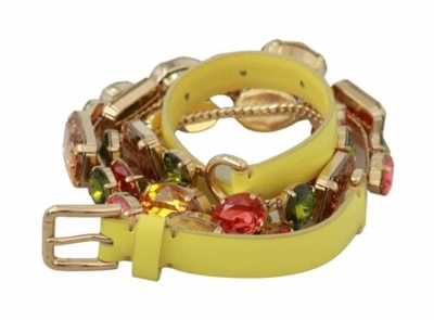 Pre-owned Dolce & Gabbana Dolce&gabbana Women Yellow Waist Belt Leather Brass Crystal Skinny Fashion Strap