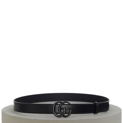 Pre-owned Gucci 480$ Men's Thin Belt In Black Leather With Black Gg Marmont Buckle