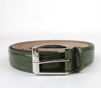 Pre-owned Gucci $895  Mens Crocodile Belt With Classic Square Buckle 336831 E710n In Green