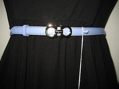 Pre-owned Ferragamo $295 Salvatore  Logo Ganicio Silvertone Buckle Leather Belt 32"-40" In Blue