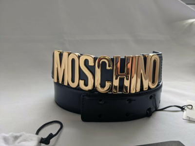 Pre-owned Moschino Couture Jeremy Scott Shiny Black Leather Belt With Gold Lettering Logo In Gold/black