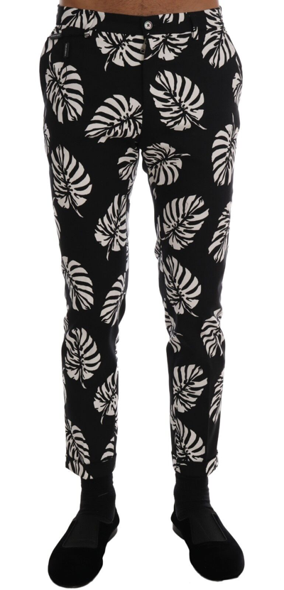 Pre-owned Dolce & Gabbana Pants White Black Leaf Cotton Stretch Slim It46 / W32 Rrp $880
