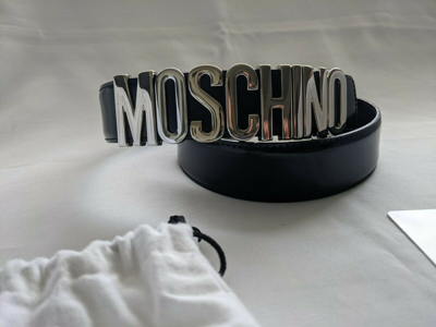 Pre-owned Moschino Couture Ss17  Jeremy Scott Black Leather Belt With Silver Lettering Logo In Silver/black