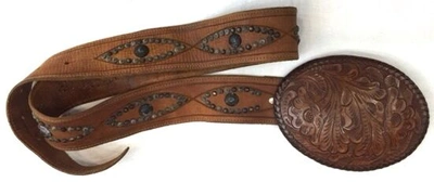 Pre-owned Polo Ralph Lauren Ralph Lauren Collection Brown Tooled Concho Leather Large Buckle Belt Size Med