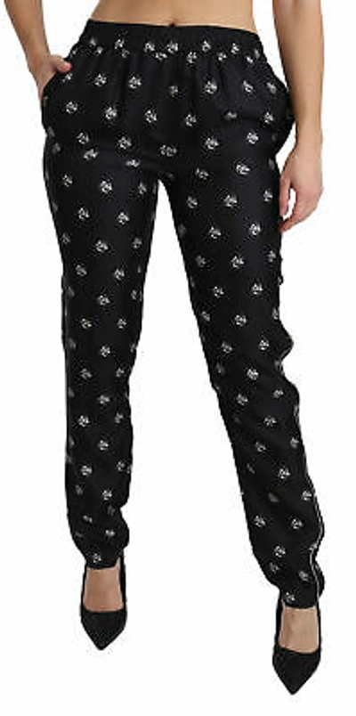 Pre-owned Dolce & Gabbana Pants Silk Black Printed Mid Waist Skinny It42/ Us8/ M Rrp $1200