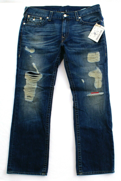 Pre-owned True Religion Distressed Destroyed Blue Denim Jeans Straight Leg Pants Men's