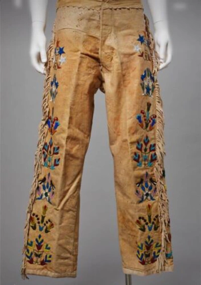 Pre-owned Leather_yorker Native American Western Cowboy Ind Trousers Embroidered Leather Fringes Pants In Brown