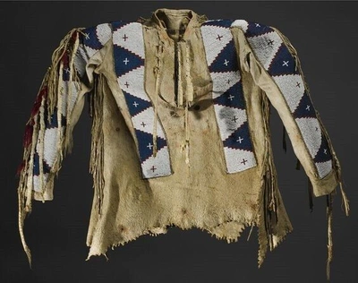 Pre-owned Old American Style Beige Suede Hide Fringes Sioux Beaded Powwow War Shirt Na209