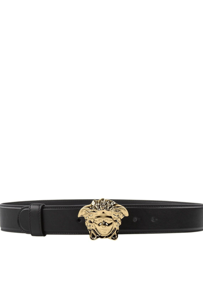 Pre-owned Versace Black Leather Belt With Gold Medusa Buckle • Width 1.5" • Made In Italy